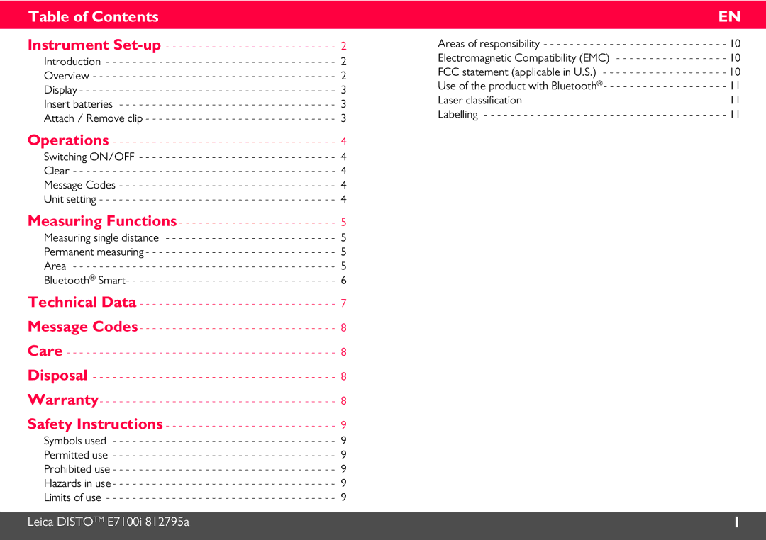 Leica 812806 manual Table of Contents 