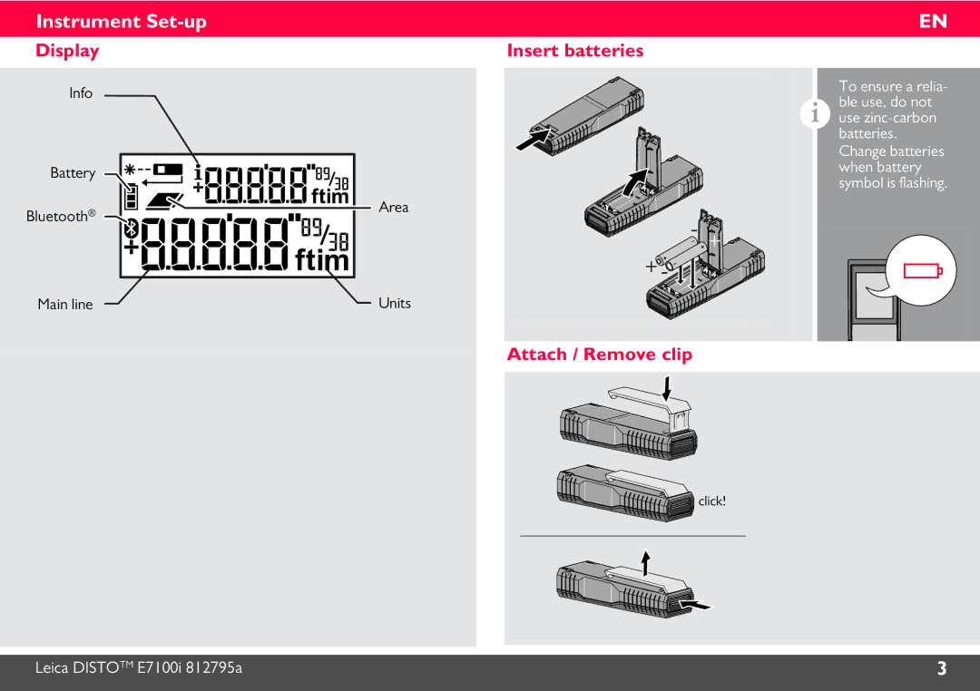 Leica 812806 manual Display Insert batteries, Attach / Remove clip, Info Battery Bluetooth Area Units Main line 