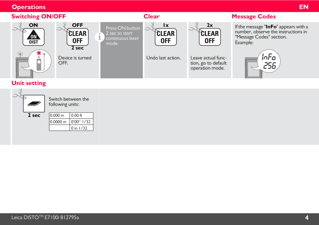 Leica 812806 manual Operations, Switching ON/OFF Clear, Unit setting, Sec, Device is turned 