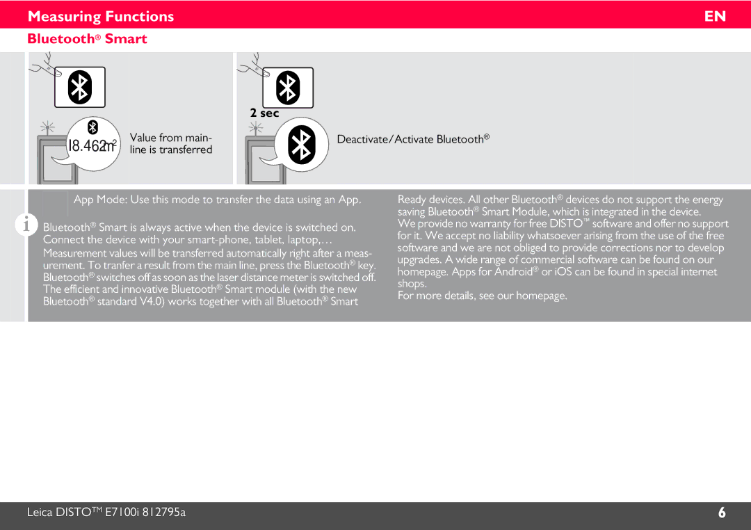 Leica 812806 manual Bluetooth Smart, Deactivate/Activate Bluetooth 