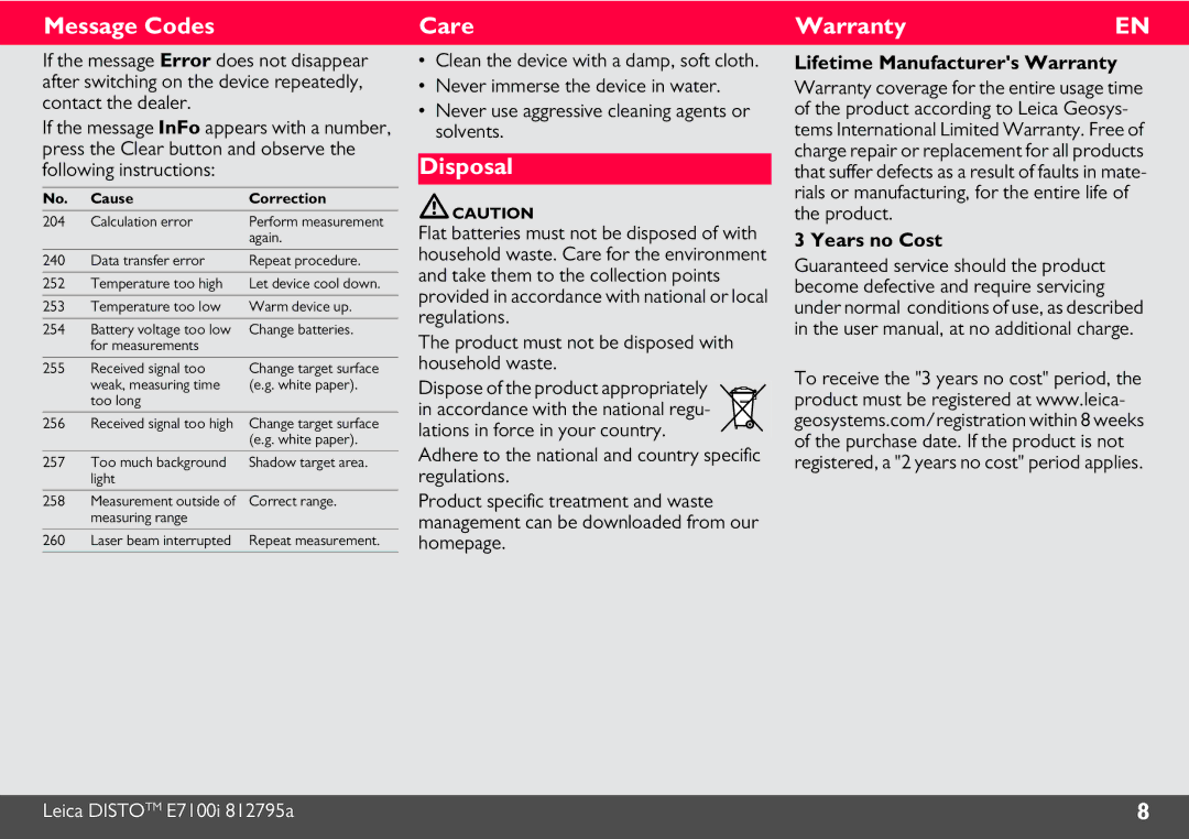 Leica 812806 manual Message Codes, Care, Disposal, WarrantyEN 