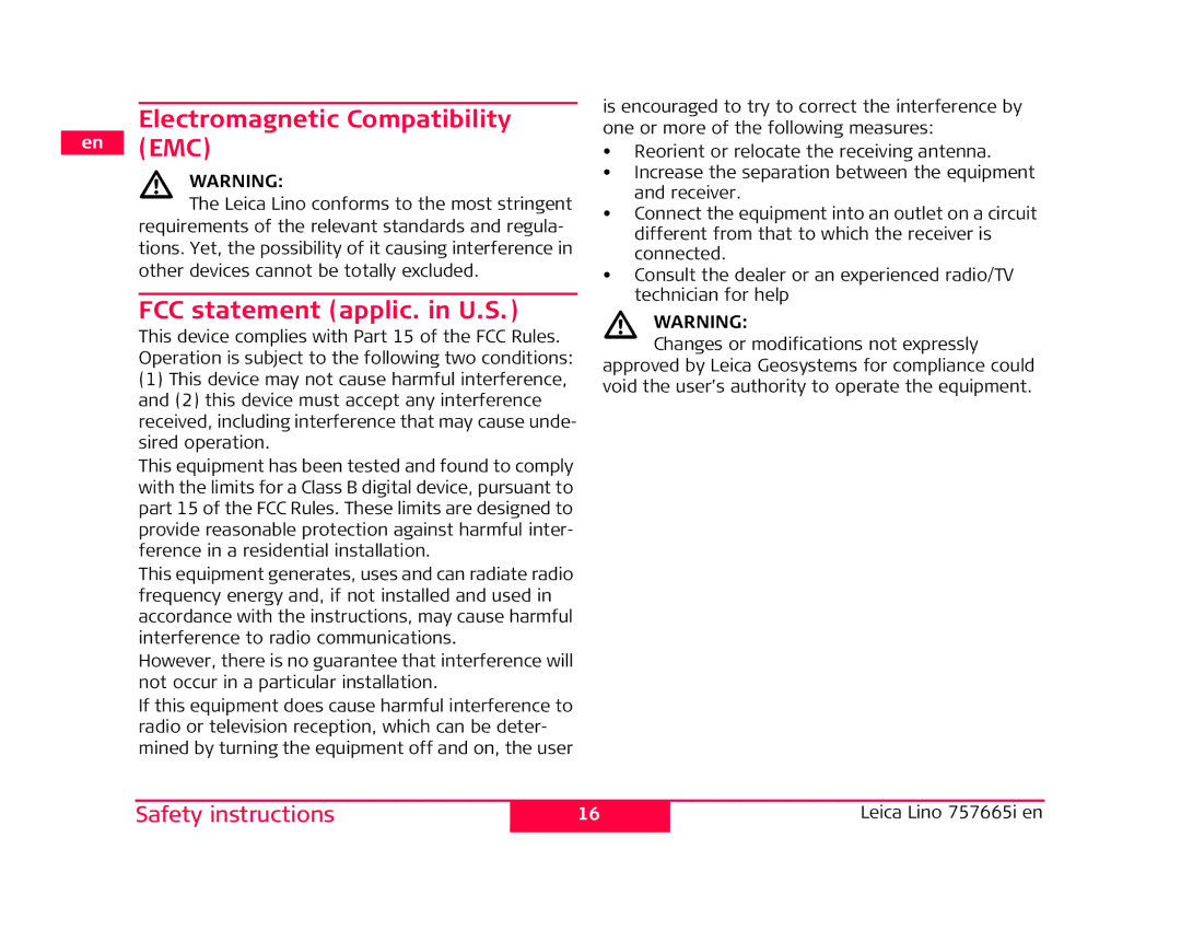 Leica 817856, 820685, 817857, 790509, 777067-R, 777069 manual Electromagnetic Compatibility en EMC, FCC statement applic. in U.S 