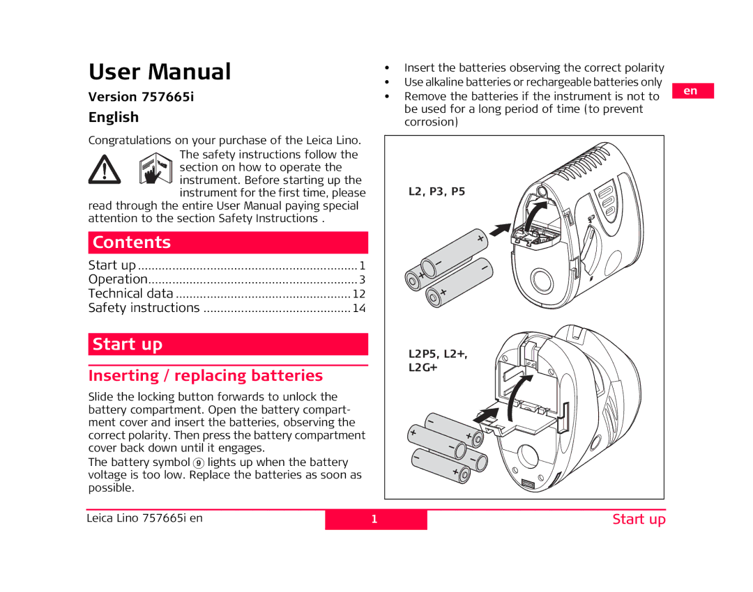 Leica 790509, 820685, 817857, 817856, 777067-R, 777069, 777068-R manual Contents, Start up, Inserting / replacing batteries 