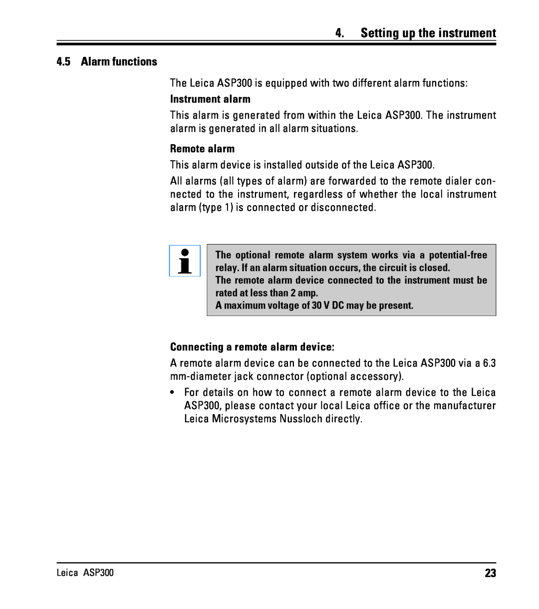 Leica ASP300 instruction manual Alarm functions, Setting up the instrument 