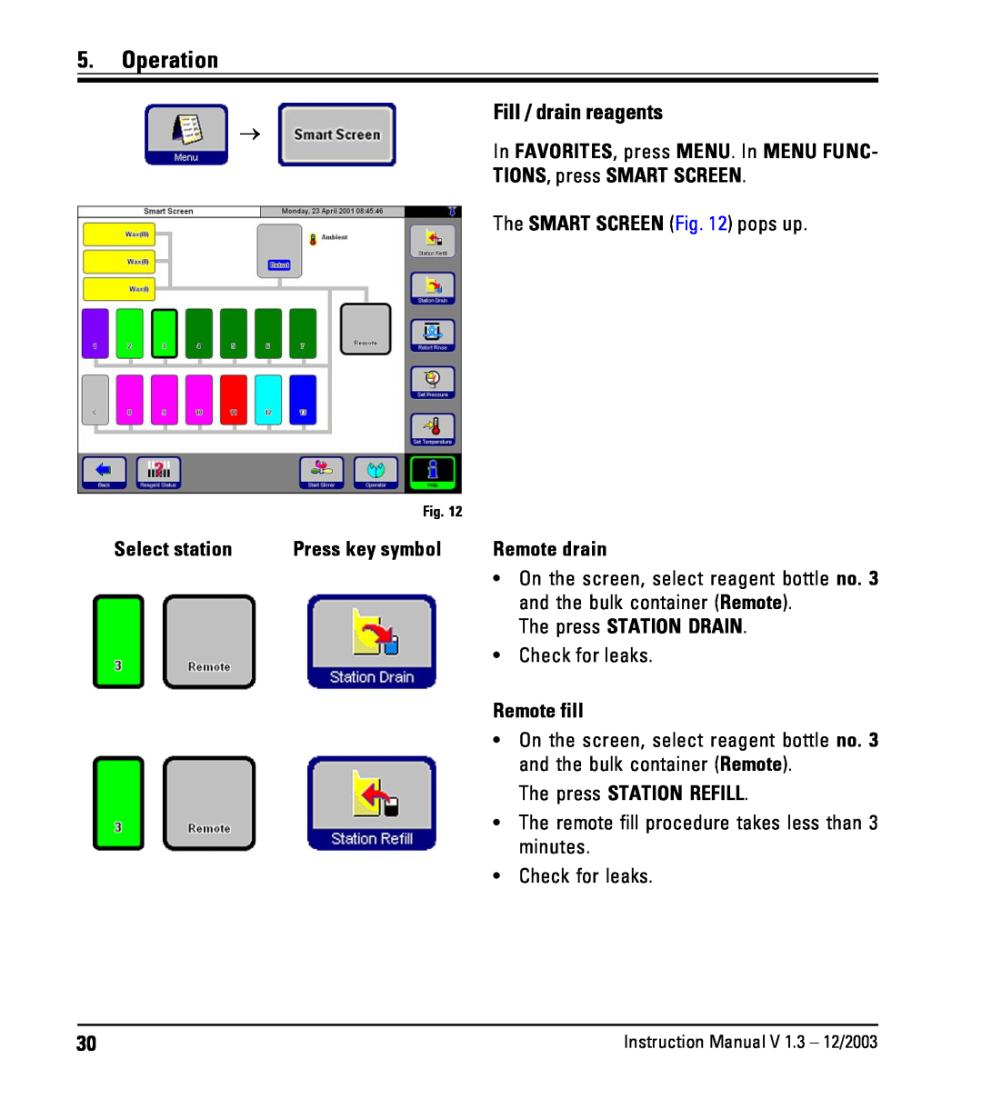 Leica ASP300 instruction manual Operation, Fill / drain reagents → 
