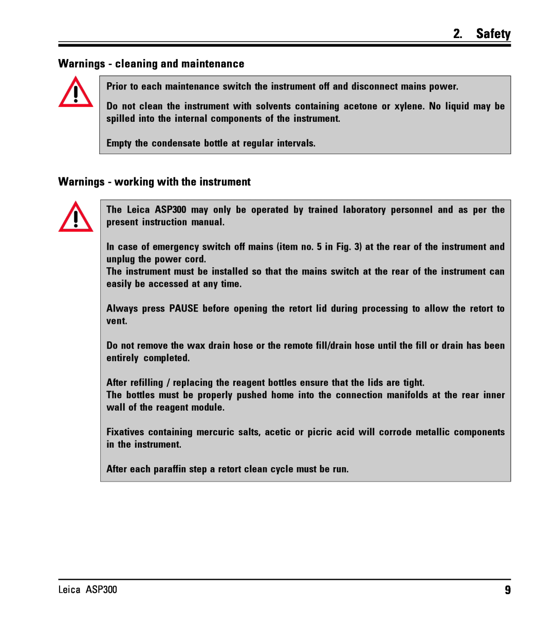 Leica ASP300 instruction manual Safety, Warnings - cleaning and maintenance, Warnings - working with the instrument 