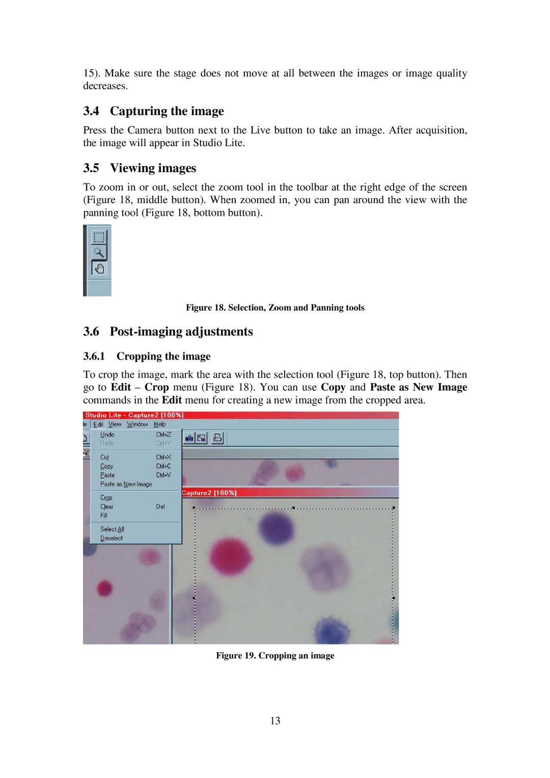 Leica B523 manual Capturing the image, Viewing images, Post-imaging adjustments, Cropping the image 