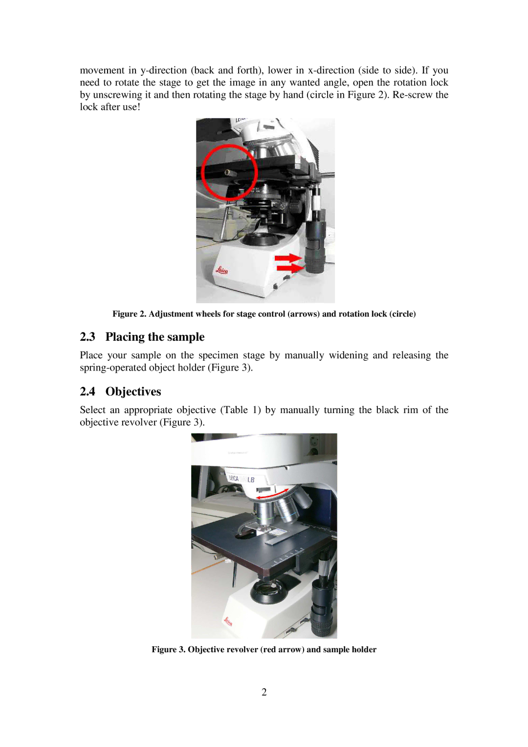 Leica B523 manual Placing the sample, Objectives 