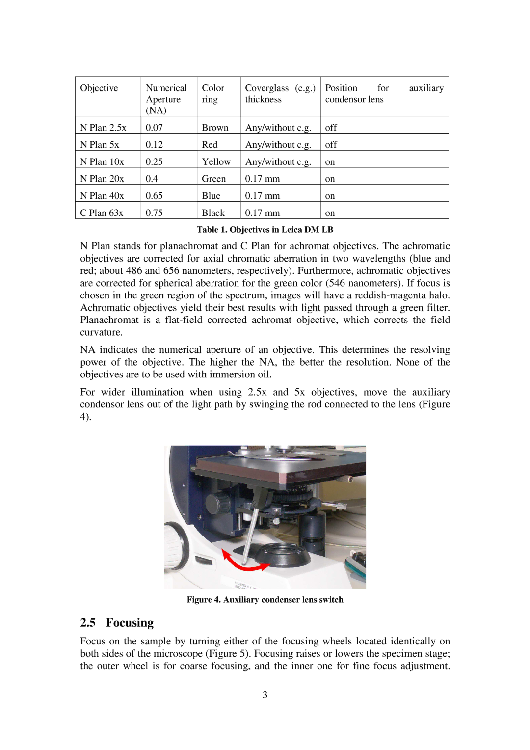 Leica B523 manual Focusing, Auxiliary condenser lens switch 