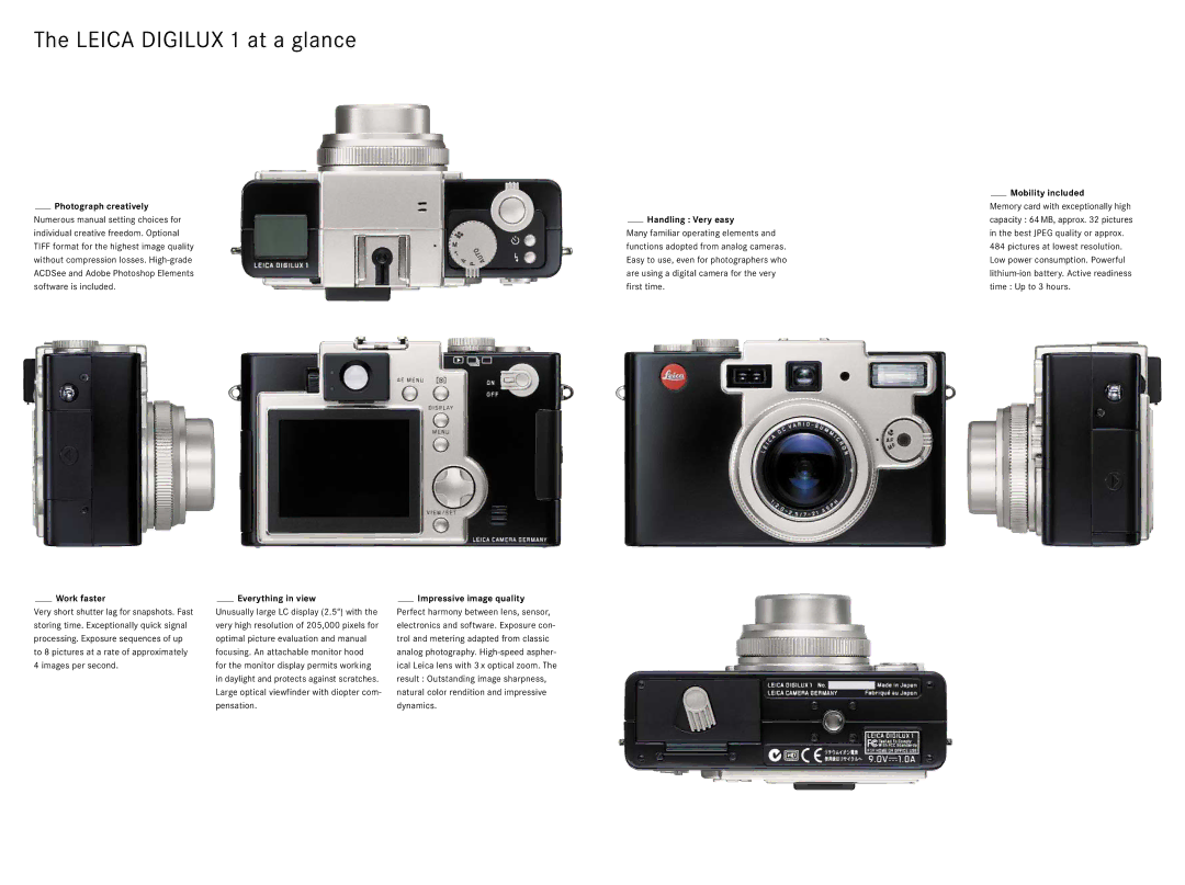 Leica BP-DC1 manual Leica Digilux 1 at a glance, Mobility included Photograph creatively 