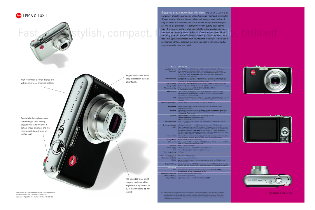 Leica C-LUX 1 dimensions Image type/format, Resolution, Video sequences, Data recording, Storage media, Film speed setting 