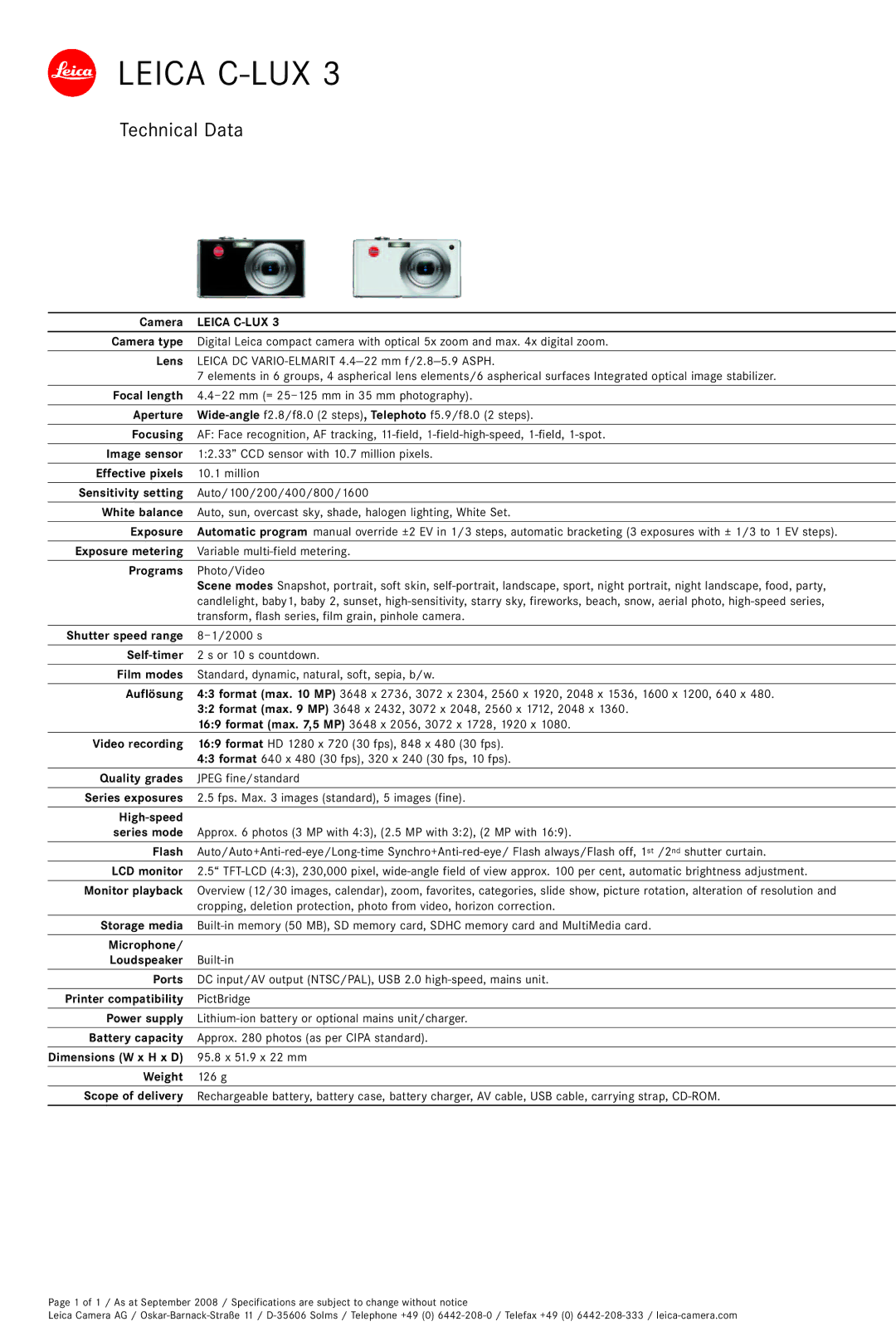 Leica C-Lux 3 dimensions Camera type, Lens, Focal length, Aperture, Focusing, Image sensor, Effective pixels, Exposure 