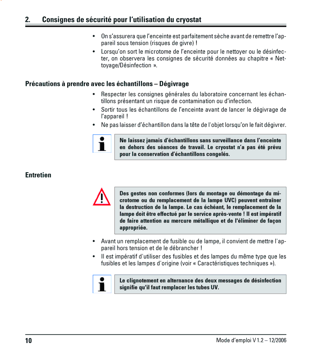 Leica CM1900UV manual Précautions à prendre avec les échantillons Dégivrage, Entretien 