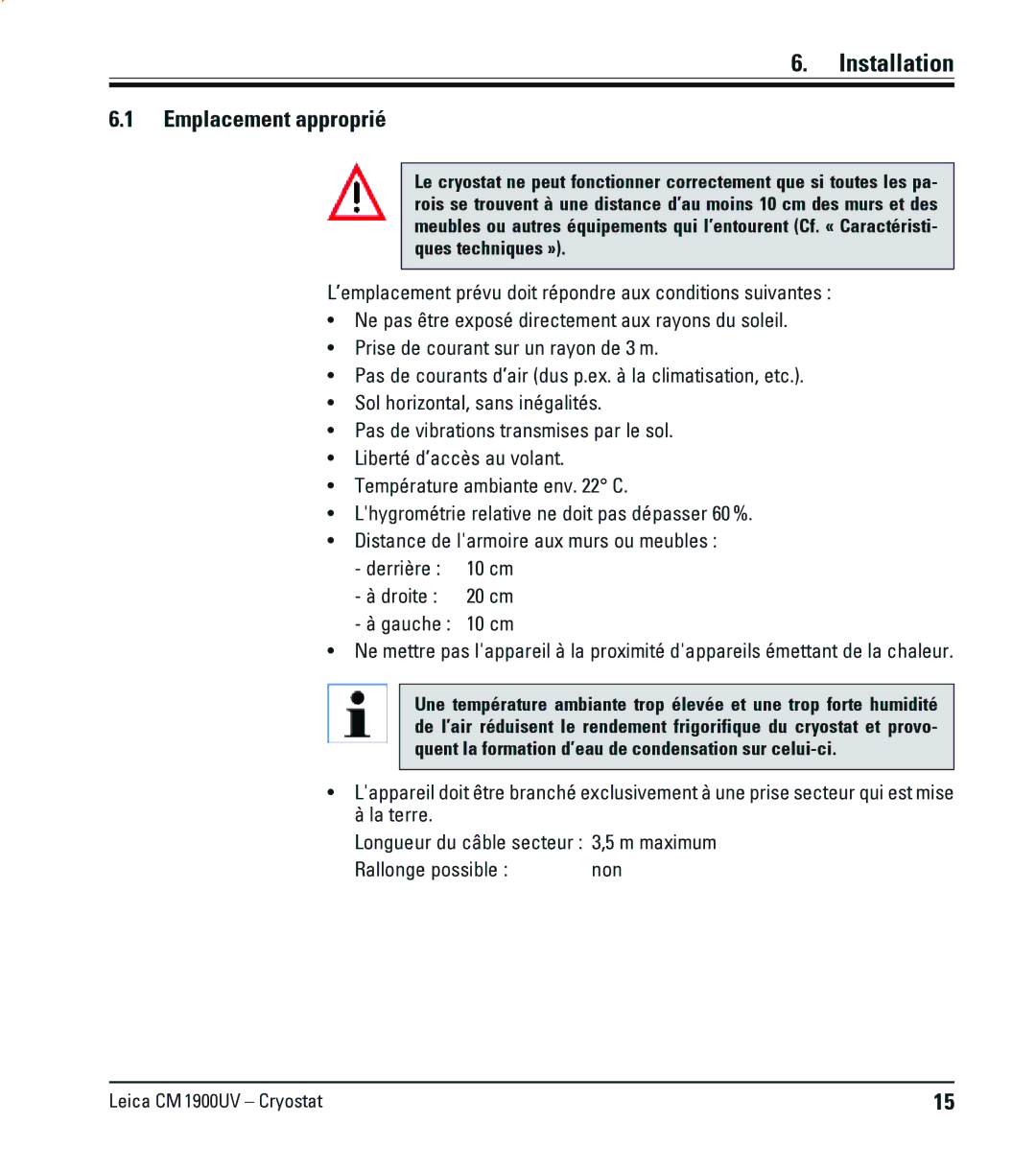 Leica CM1900UV manual Installation, Emplacement approprié 