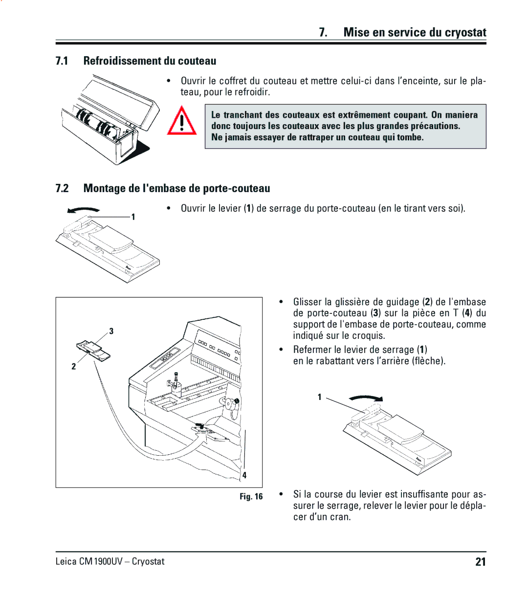 Leica CM1900UV Mise en service du cryostat, Refroidissement du couteau, Montage de lembase de porte-couteau, Cer d’un cran 