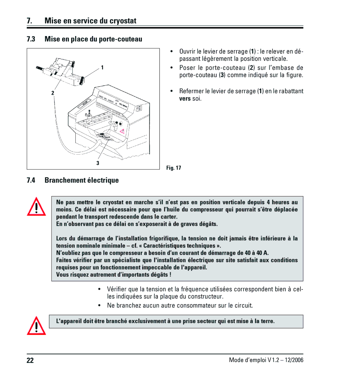 Leica CM1900UV manual Mise en place du porte-couteau Branchement électrique 