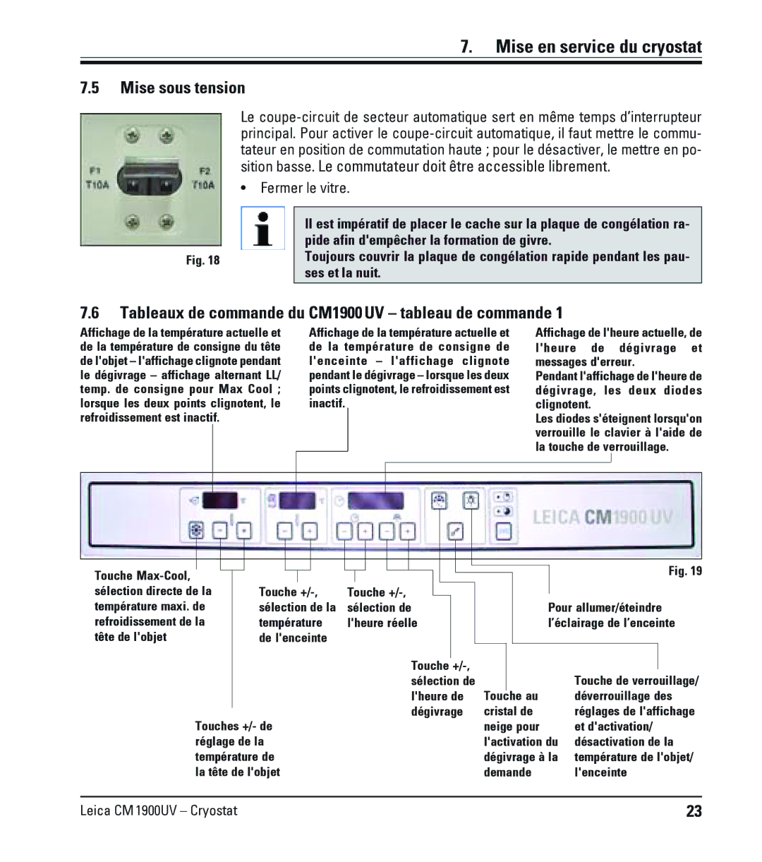 Leica manual Mise sous tension, Tableaux de commande du CM1900UV tableau de commande, Fermer le vitre 