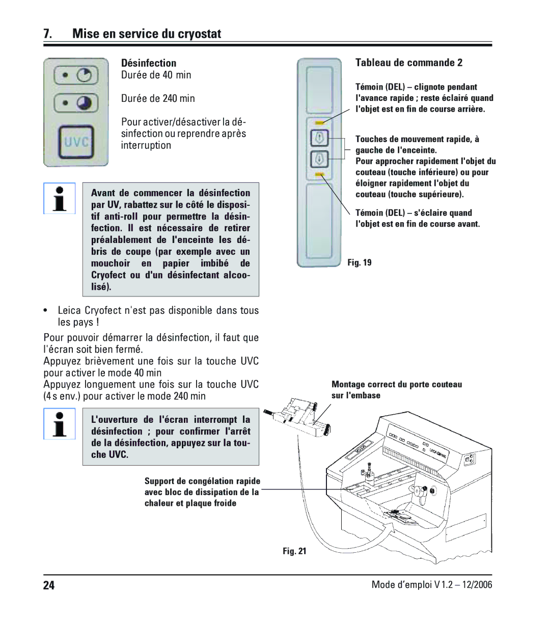 Leica CM1900UV manual Désinfection Durée de 40 min Durée de 240 min, Tableau de commande 