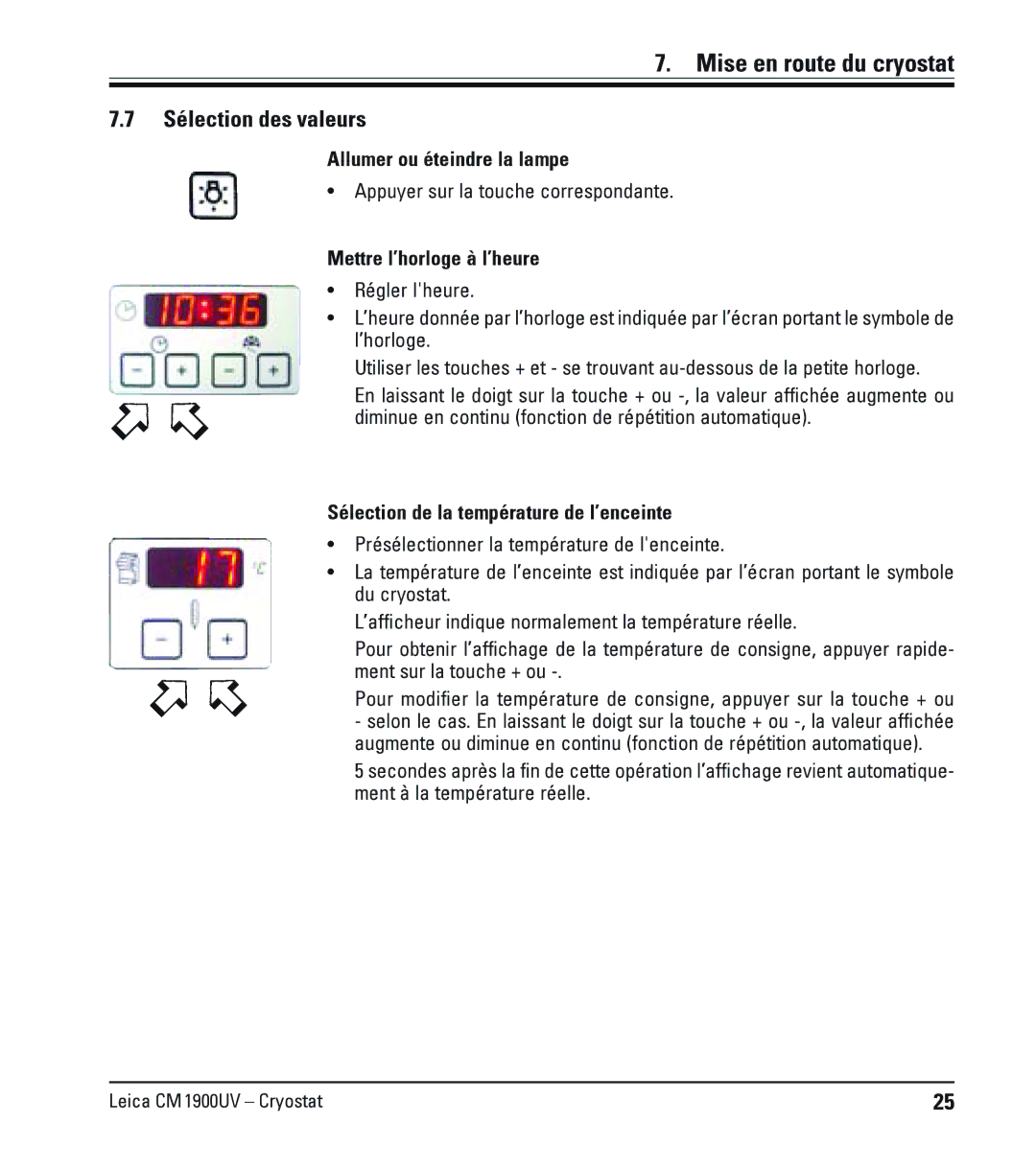 Leica CM1900UV manual Mise en route du cryostat, Sélection des valeurs 