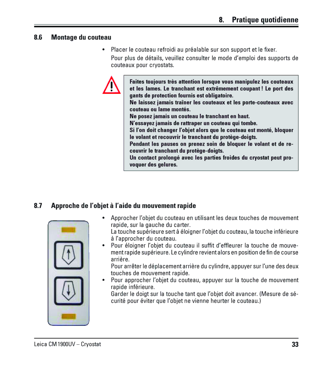 Leica CM1900UV manual Montage du couteau, Approche de l’objet à l’aide du mouvement rapide 