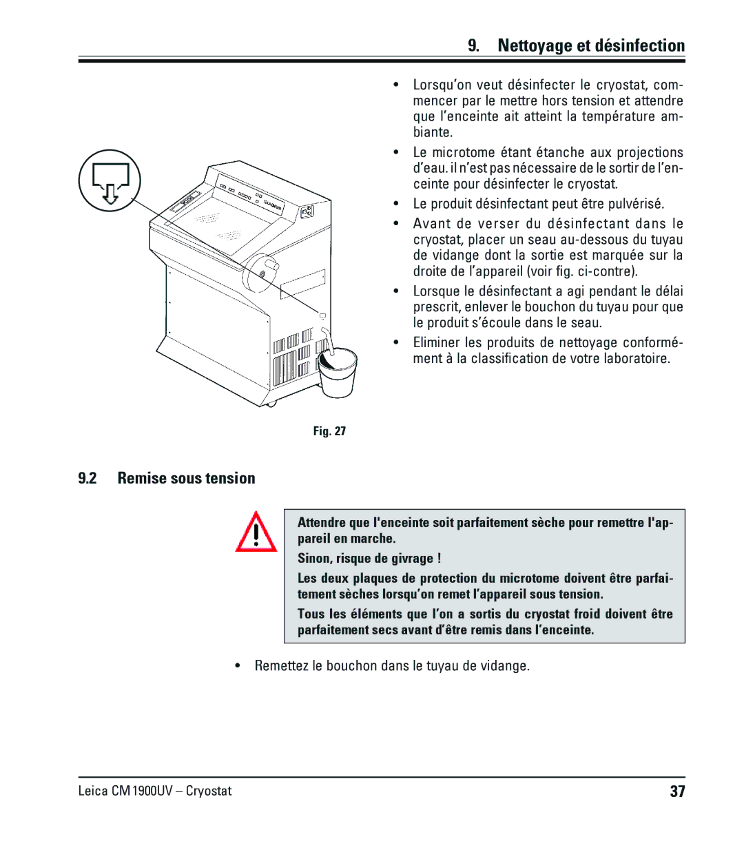 Leica CM1900UV manual Remise sous tension, Le produit désinfectant peut être pulvérisé 