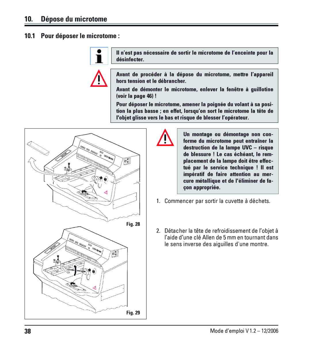 Leica CM1900UV manual 10. Dépose du microtome, Pour déposer le microtome, Commencer par sortir la cuvette à déchets 