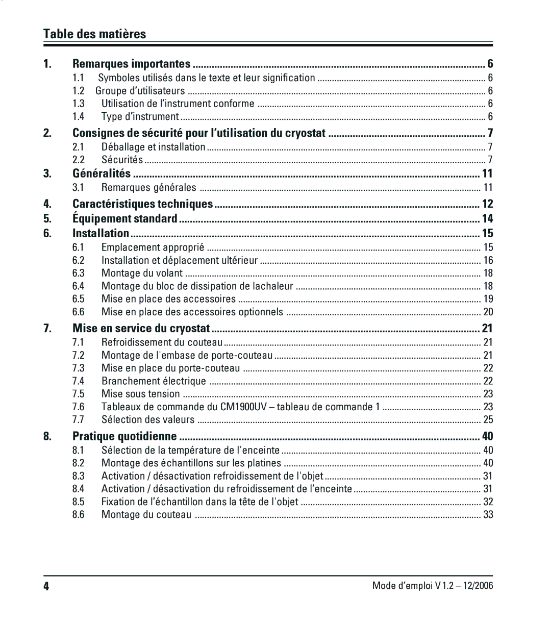 Leica CM1900UV manual Table des matières, Consignes de sécurité pour l‘utilisation du cryostat 