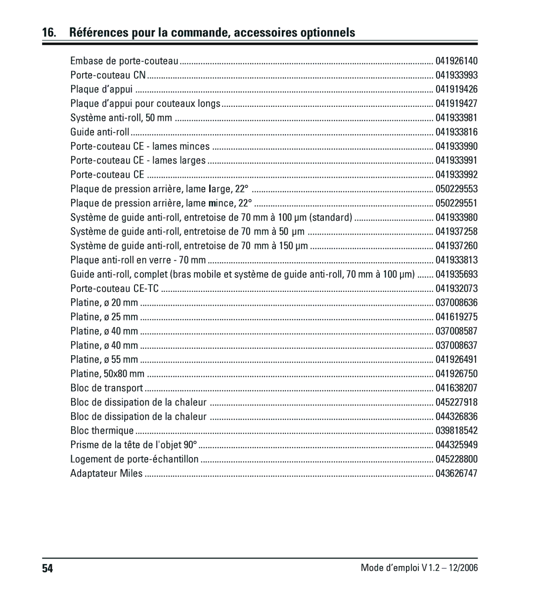 Leica CM1900UV manual 16. Références pour la commande, accessoires optionnels 