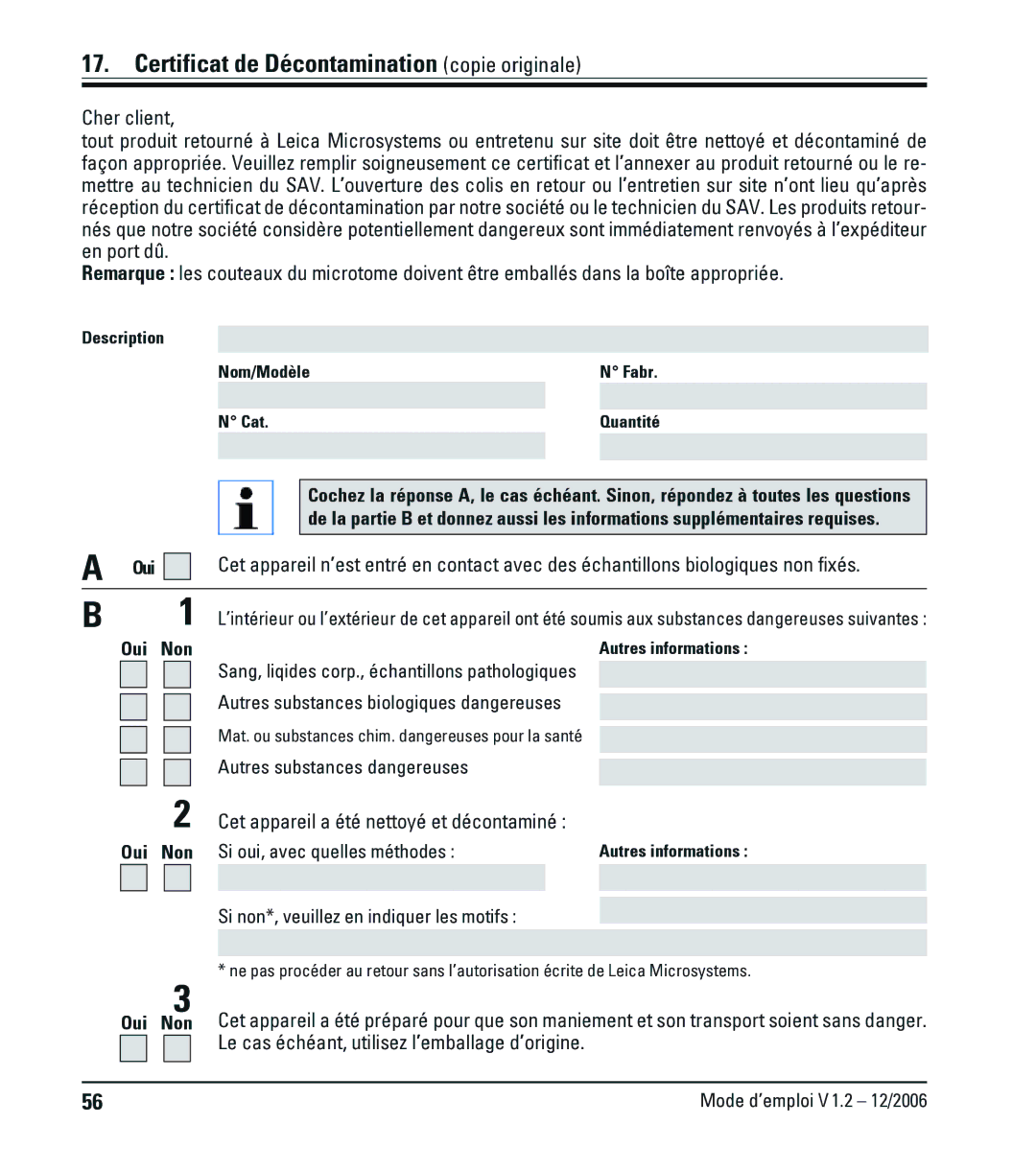 Leica CM1900UV manual Certificat de Décontamination copie originale, Cet appareil a été nettoyé et décontaminé 