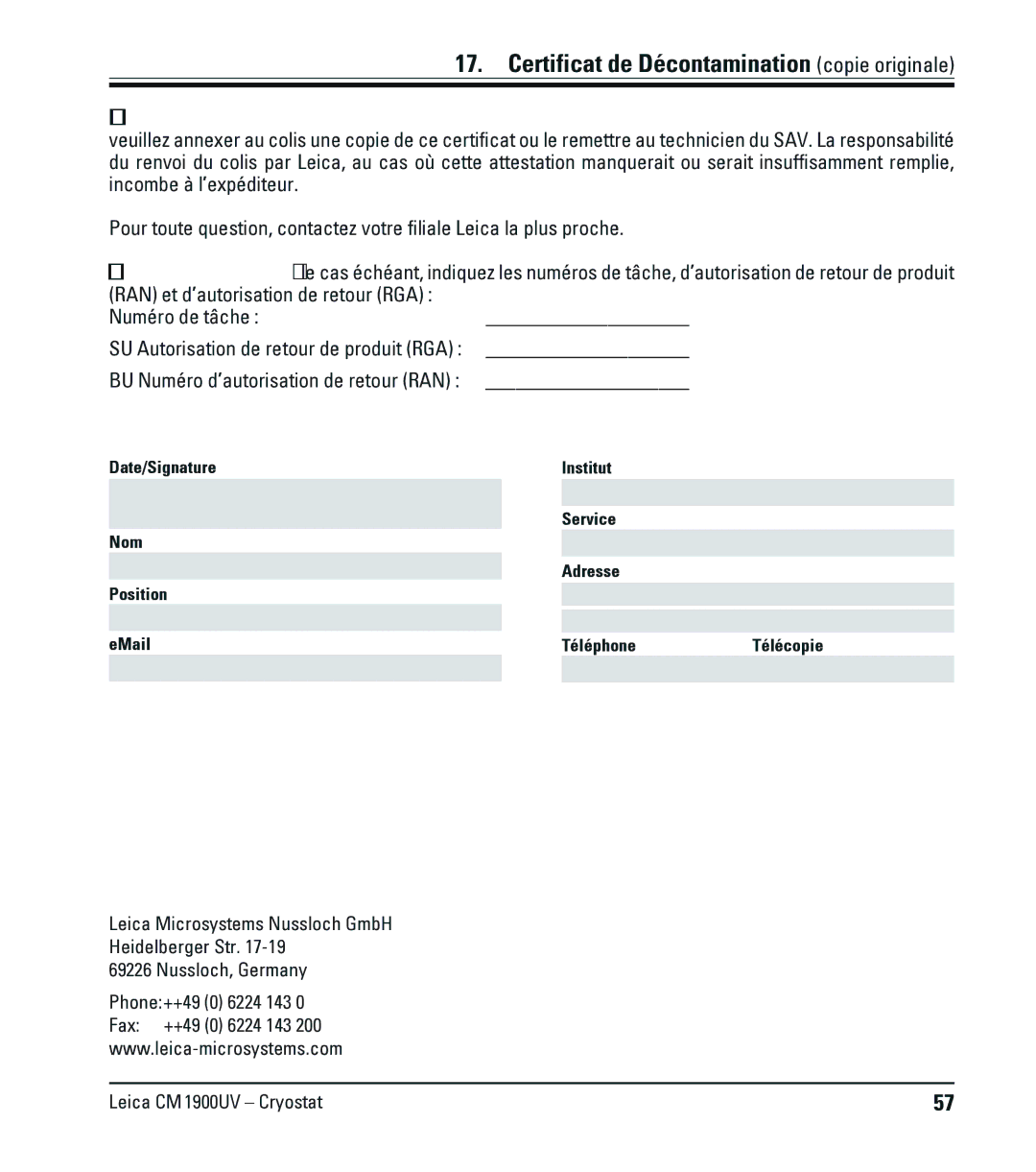 Leica CM1900UV manual BU Numéro d’autorisation de retour RAN 