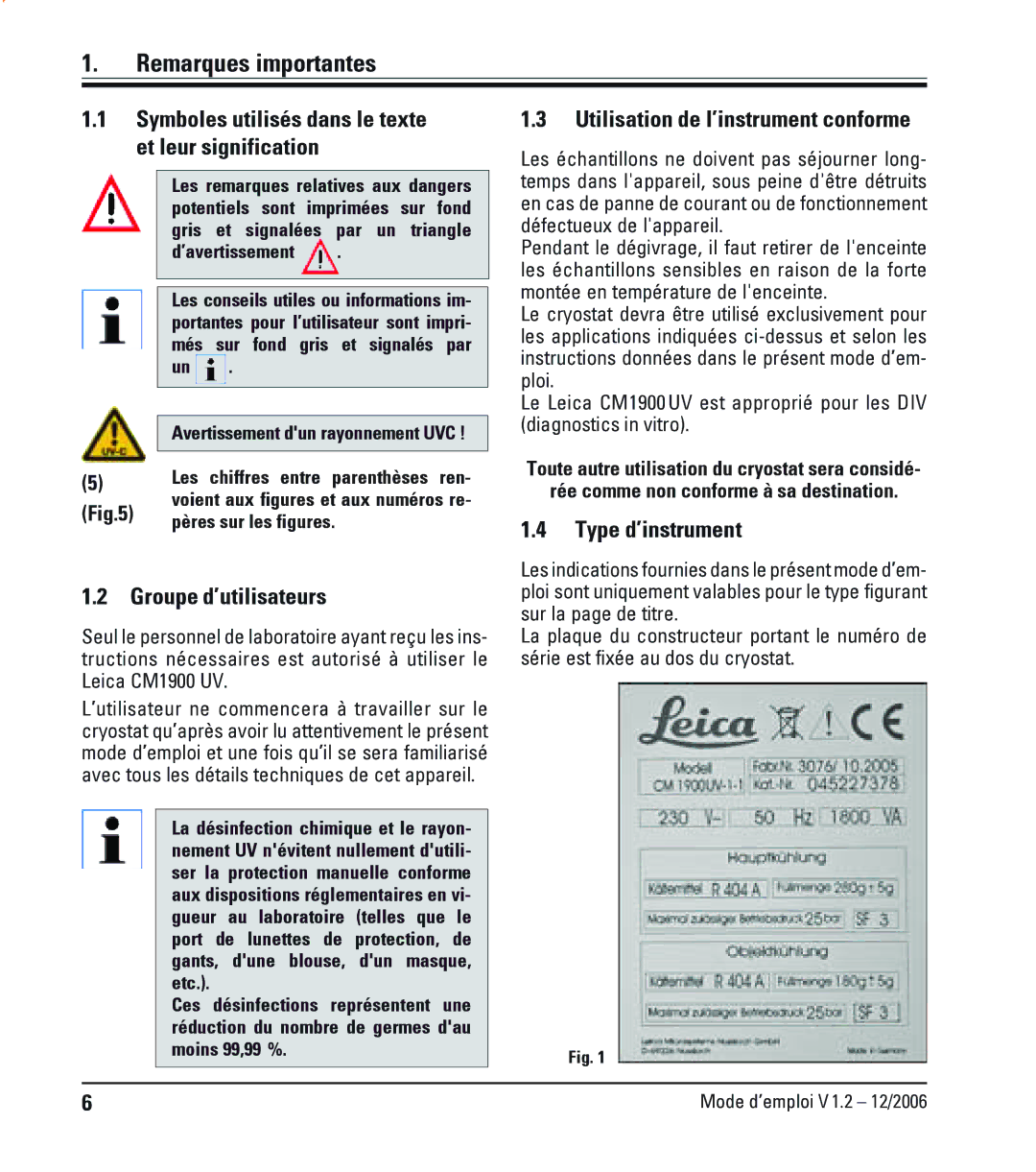 Leica CM1900UV manual Remarques importantes, Symboles utilisés dans le texte et leur signification, Groupe d’utilisateurs 