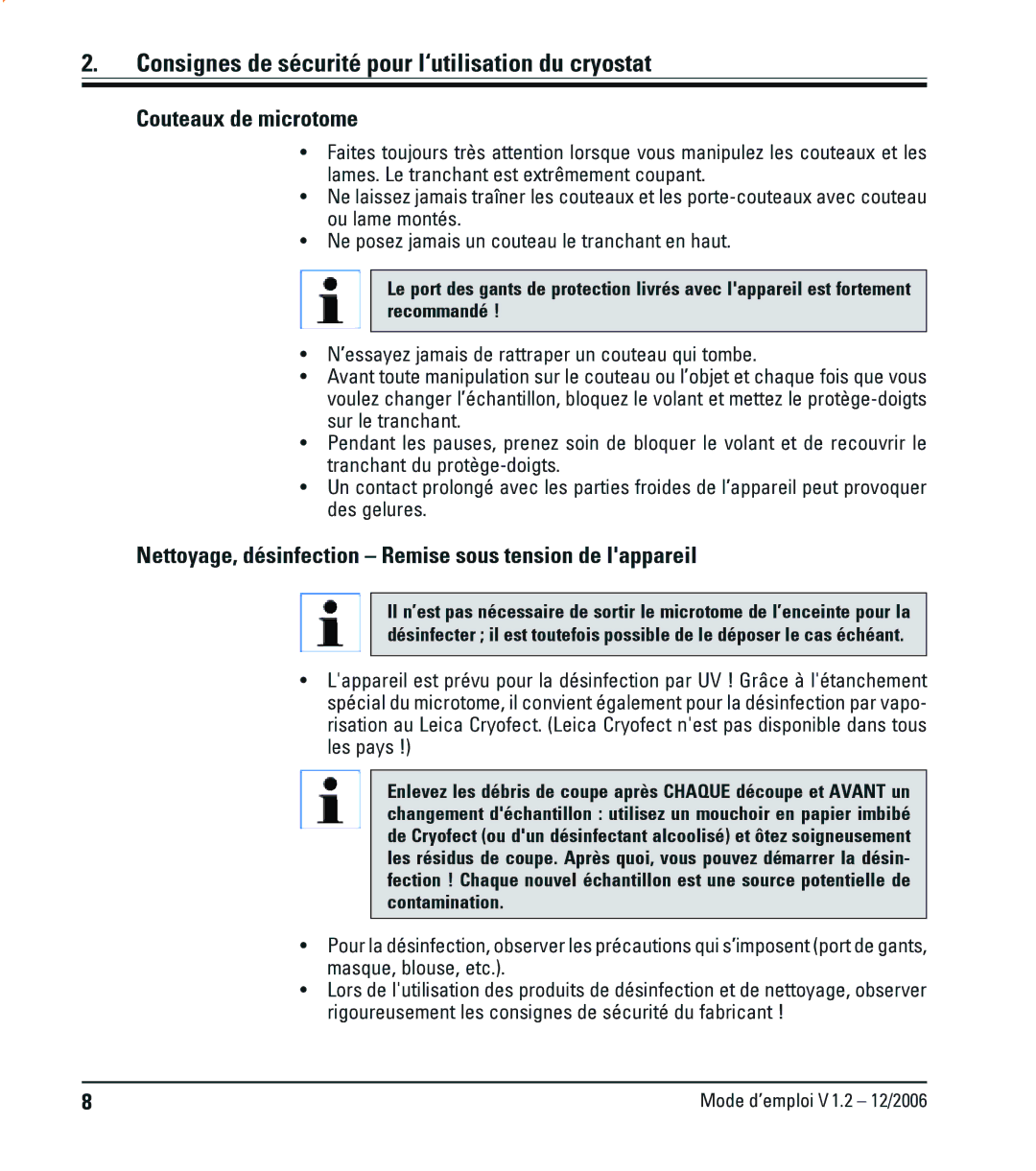 Leica CM1900UV manual Couteaux de microtome, Nettoyage, désinfection Remise sous tension de lappareil 