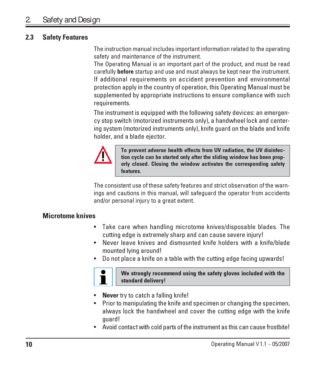 Leica CM1950 manual Safety Features, Microtome knives 