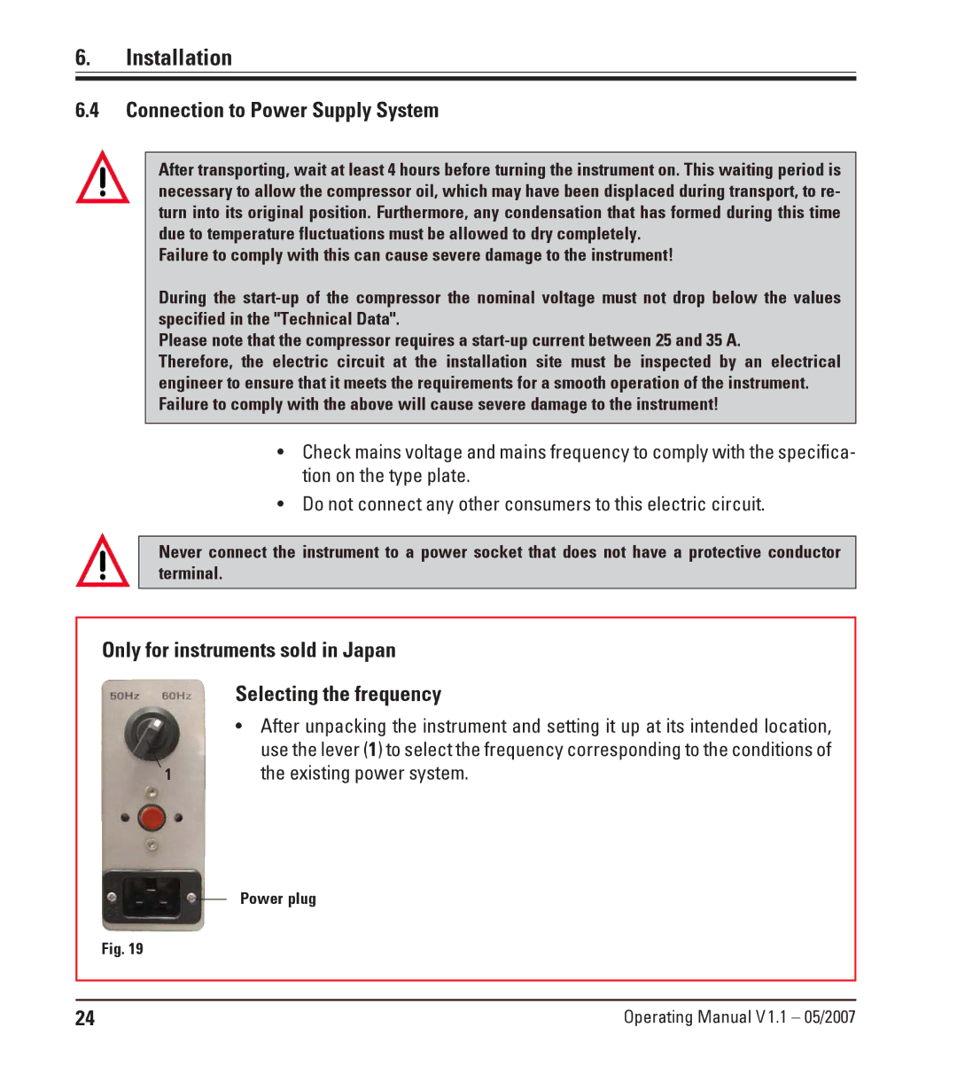 Leica CM1950 manual Connection to Power Supply System, Only for instruments sold in Japan Selecting the frequency 