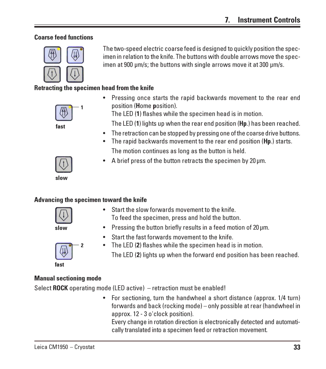 Leica CM1950 manual Coarse feed functions, Motion continues as long as the button is held 