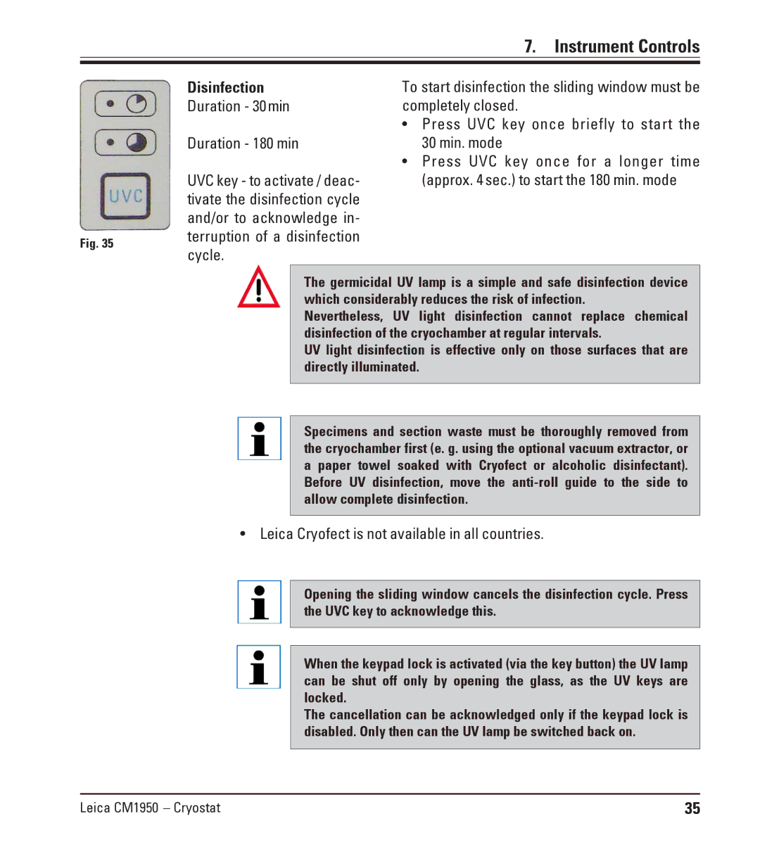 Leica CM1950 manual Disinfection Duration 30min Duration 180 min, Leica Cryofect is not available in all countries 