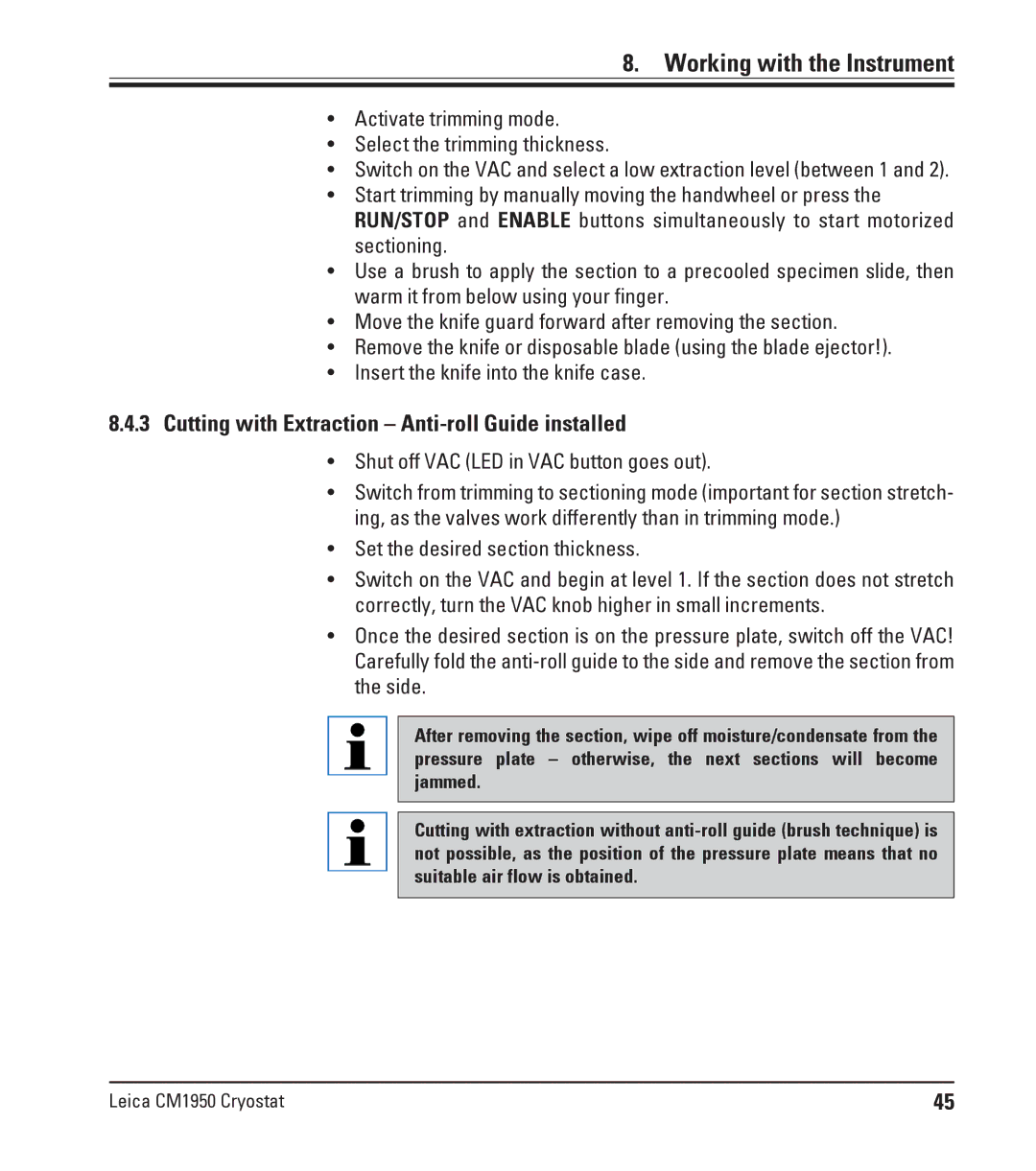 Leica CM1950 manual Cutting with Extraction Anti-roll Guide installed, Shut off VAC LED in VAC button goes out 