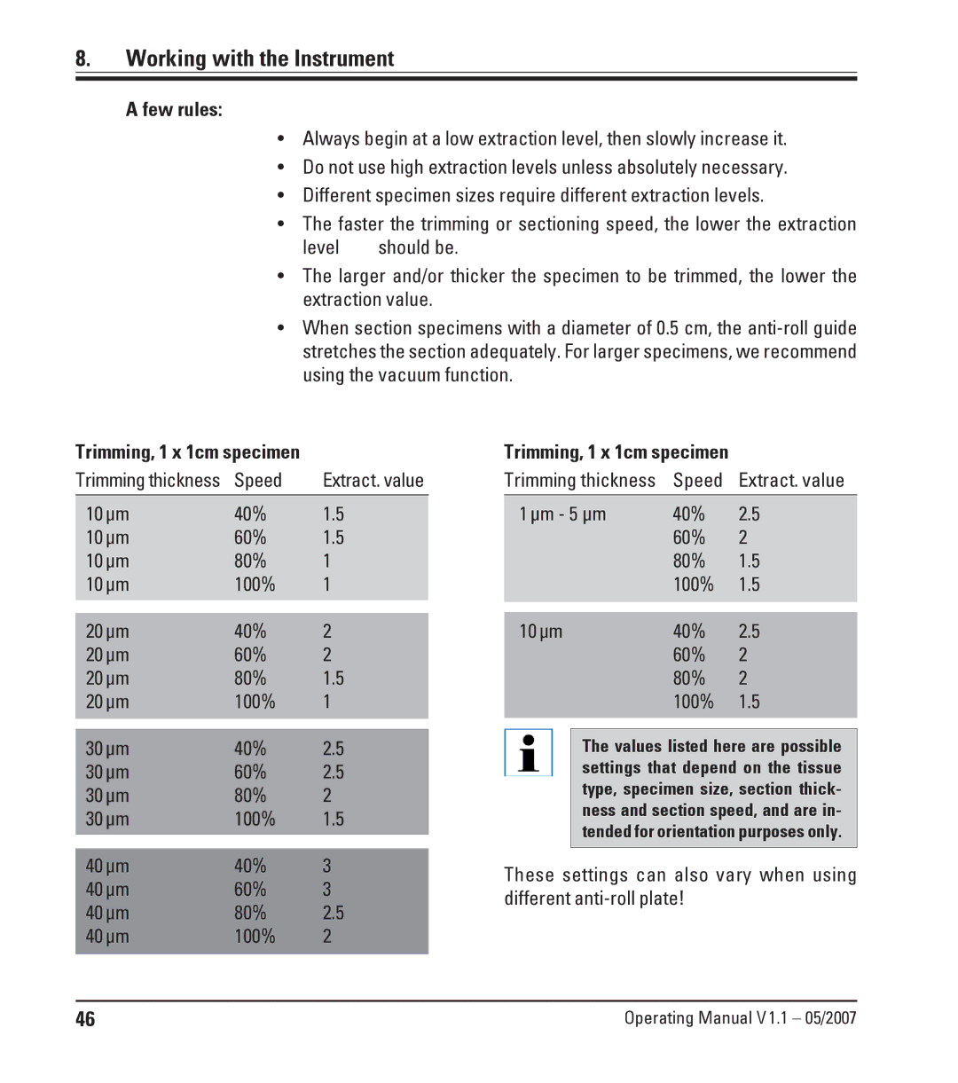 Leica CM1950 manual 10μm 40% 60% 80% 100% 20μm 30μm 40μm, Speed Extract. value 1μm 5 μm 40% 60% 80% 100% 10μm 