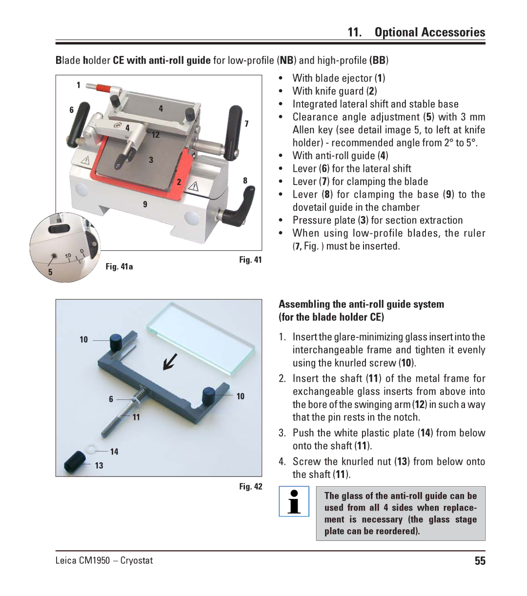 Leica CM1950 manual With anti-roll guide, Lever 6 for the lateral shift, Lever 7 for clamping the blade 