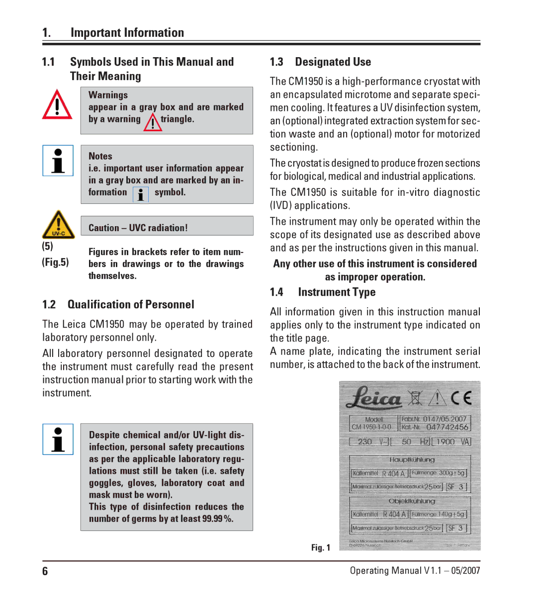 Leica CM1950 manual Important Information, Symbols Used in This Manual and Their Meaning, Qualification of Personnel 