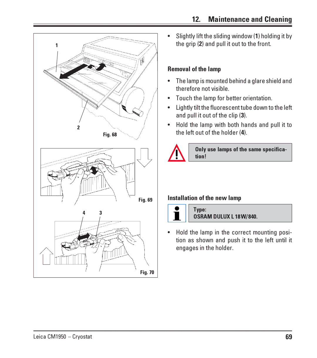 Leica CM1950 manual Installation of the new lamp 