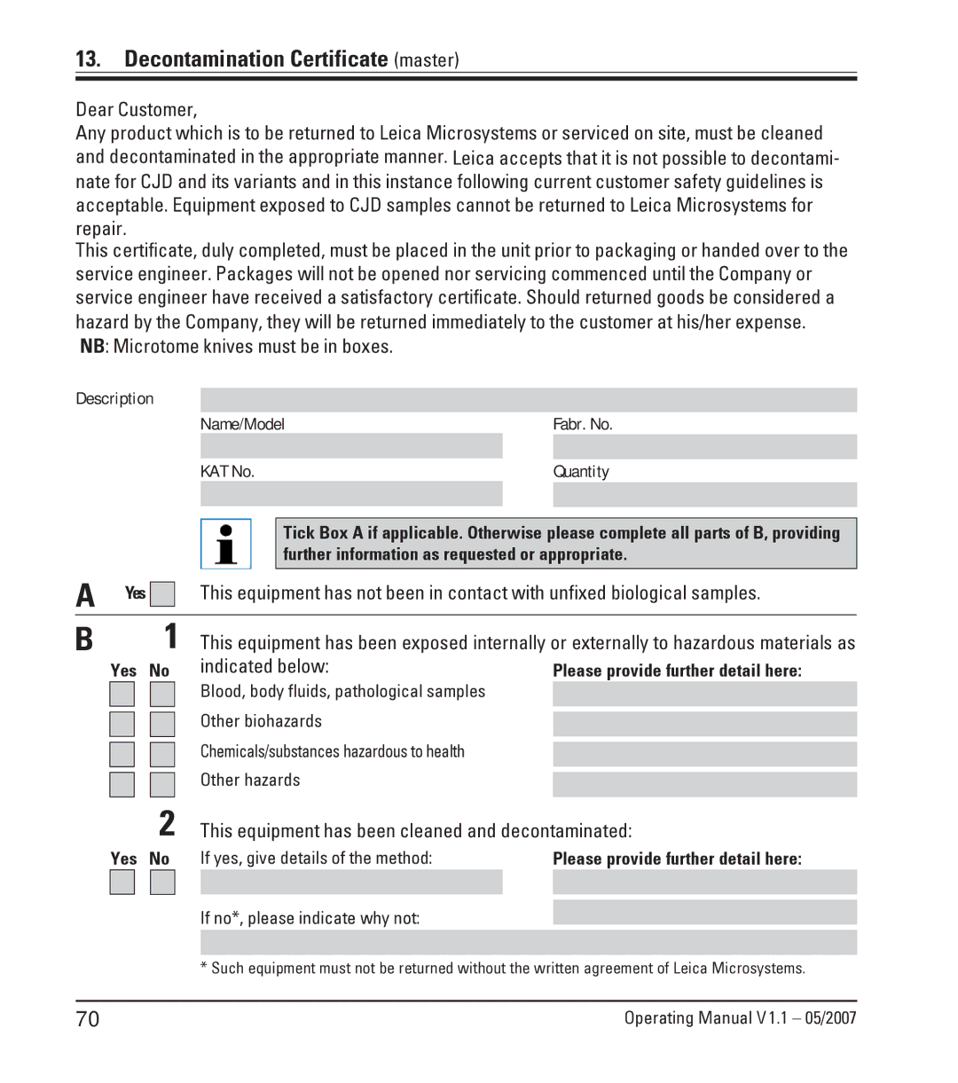 Leica CM1950 manual Decontamination Certificate master, NB Microtome knives must be in boxes, Yes No indicated below 