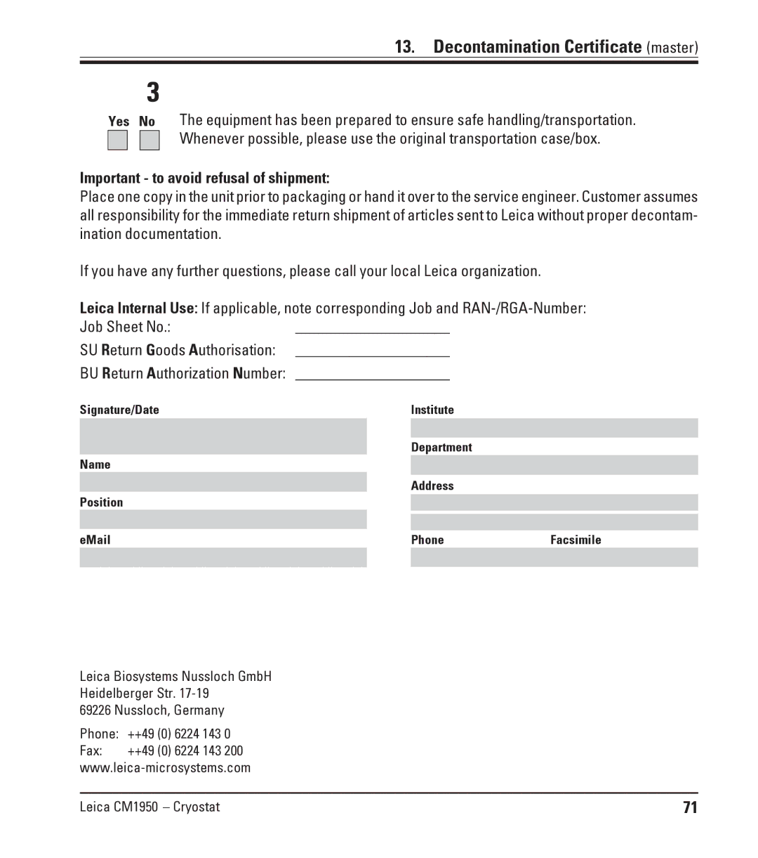 Leica CM1950 manual BU Return Authorization Number 