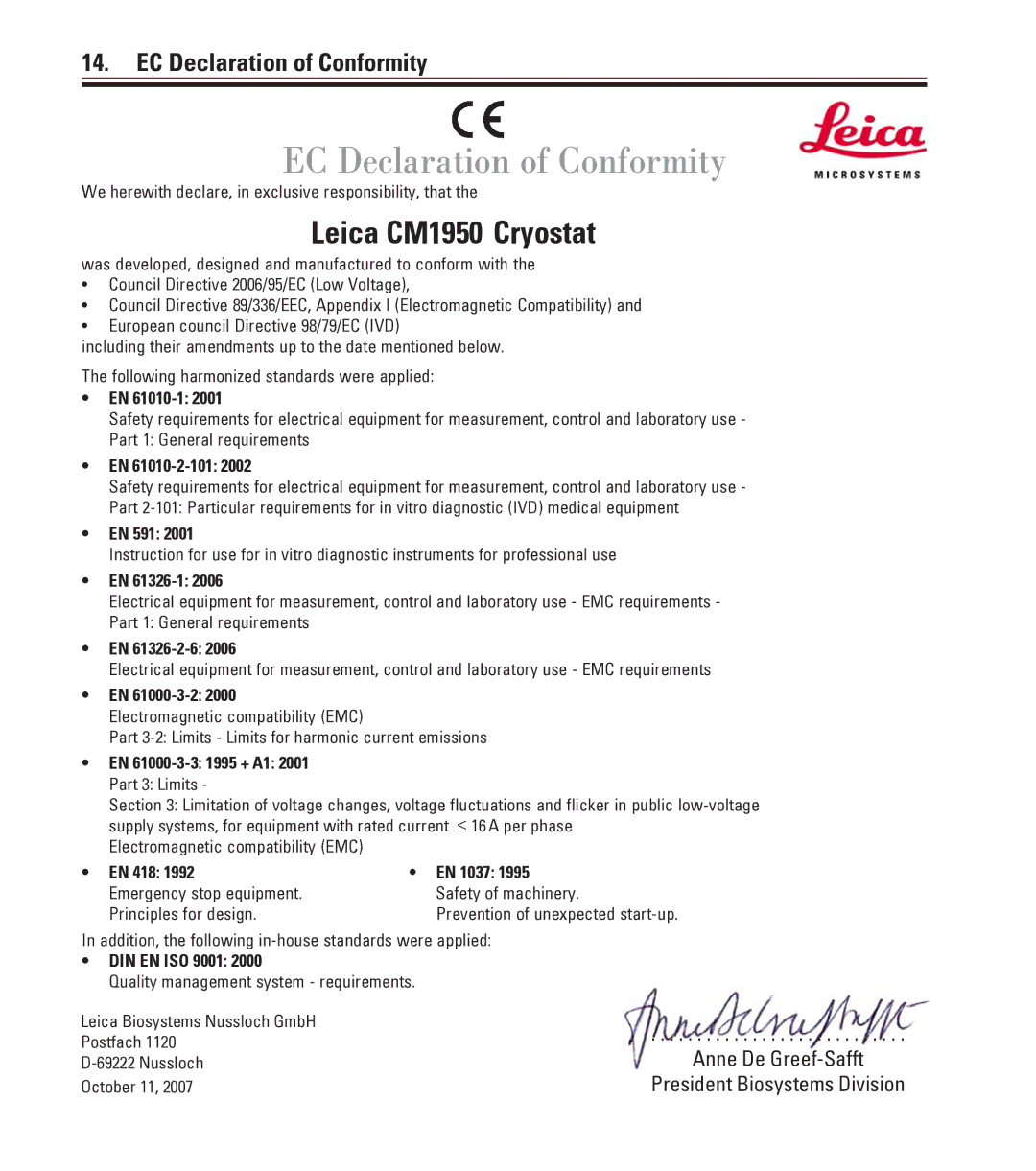 Leica CM1950 manual EC Declaration of Conformity, Anne De Greef-Safft President Biosystems Division 