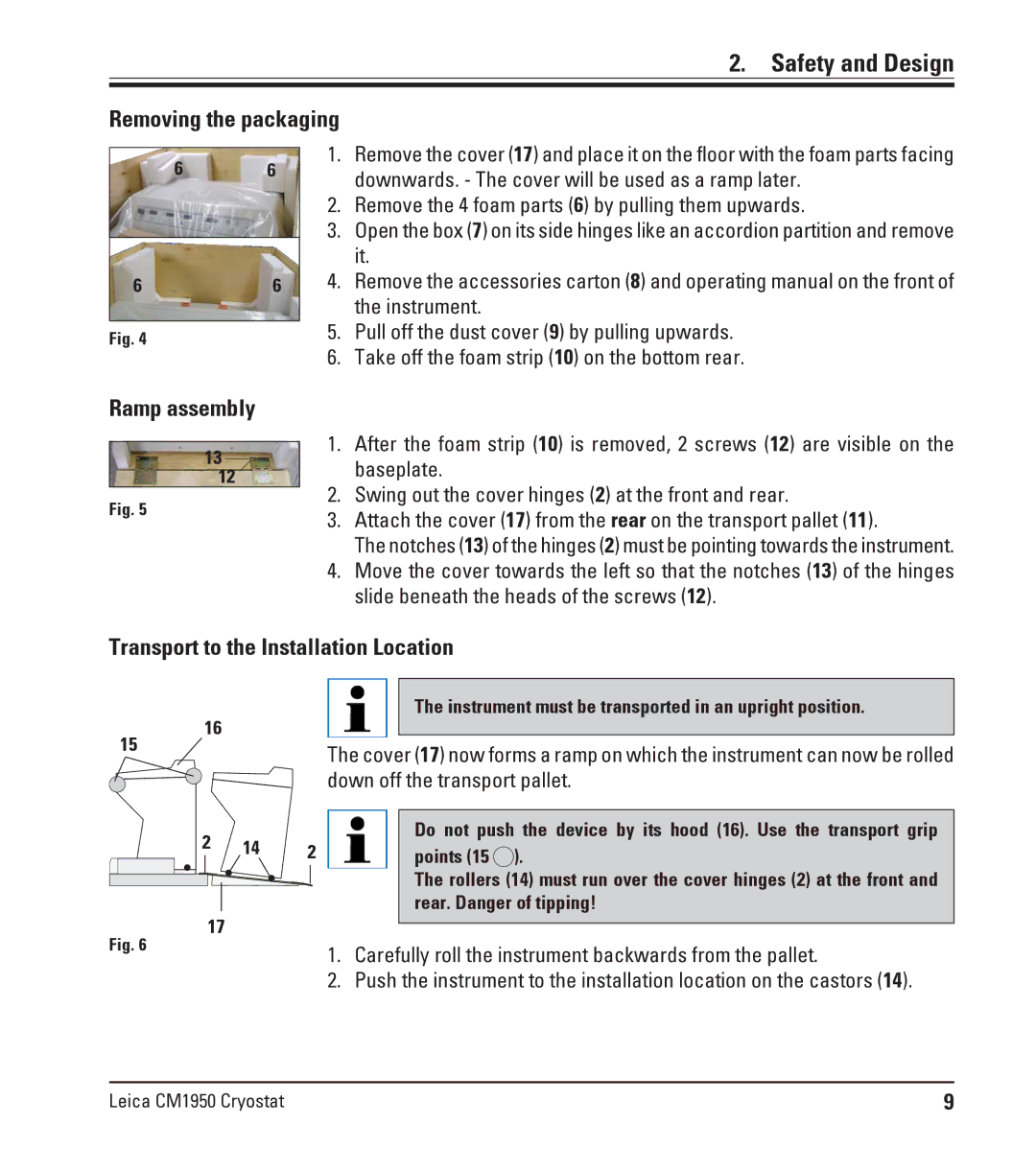 Leica CM1950 manual Removing the packaging, Ramp assembly, Transport to the Installation Location 