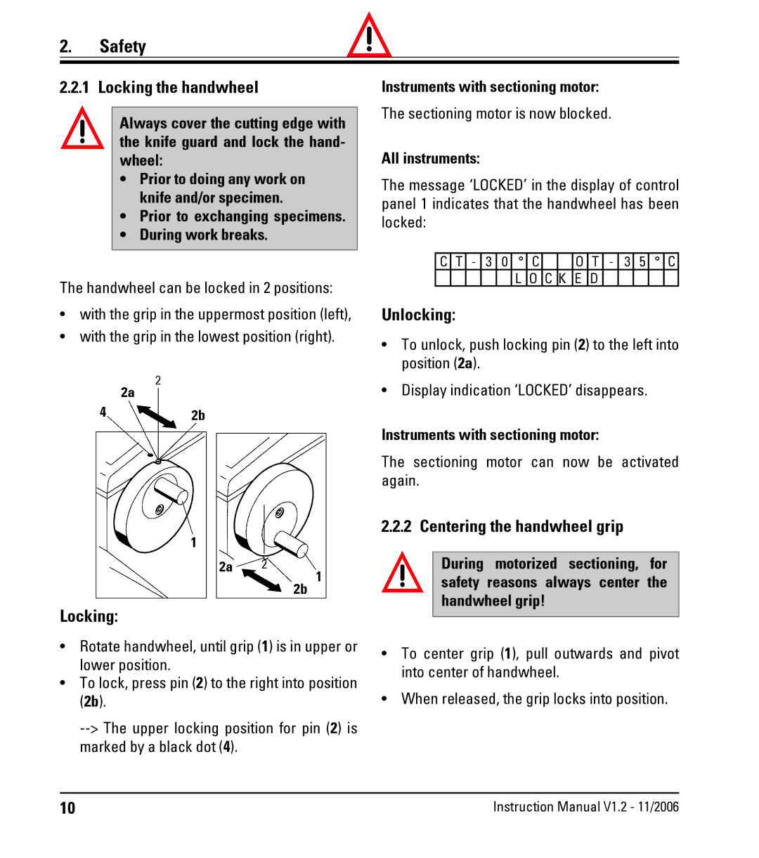 Leica CM3050 S instruction manual Safety, Locking the handwheel, Unlocking, Centering the handwheel grip 