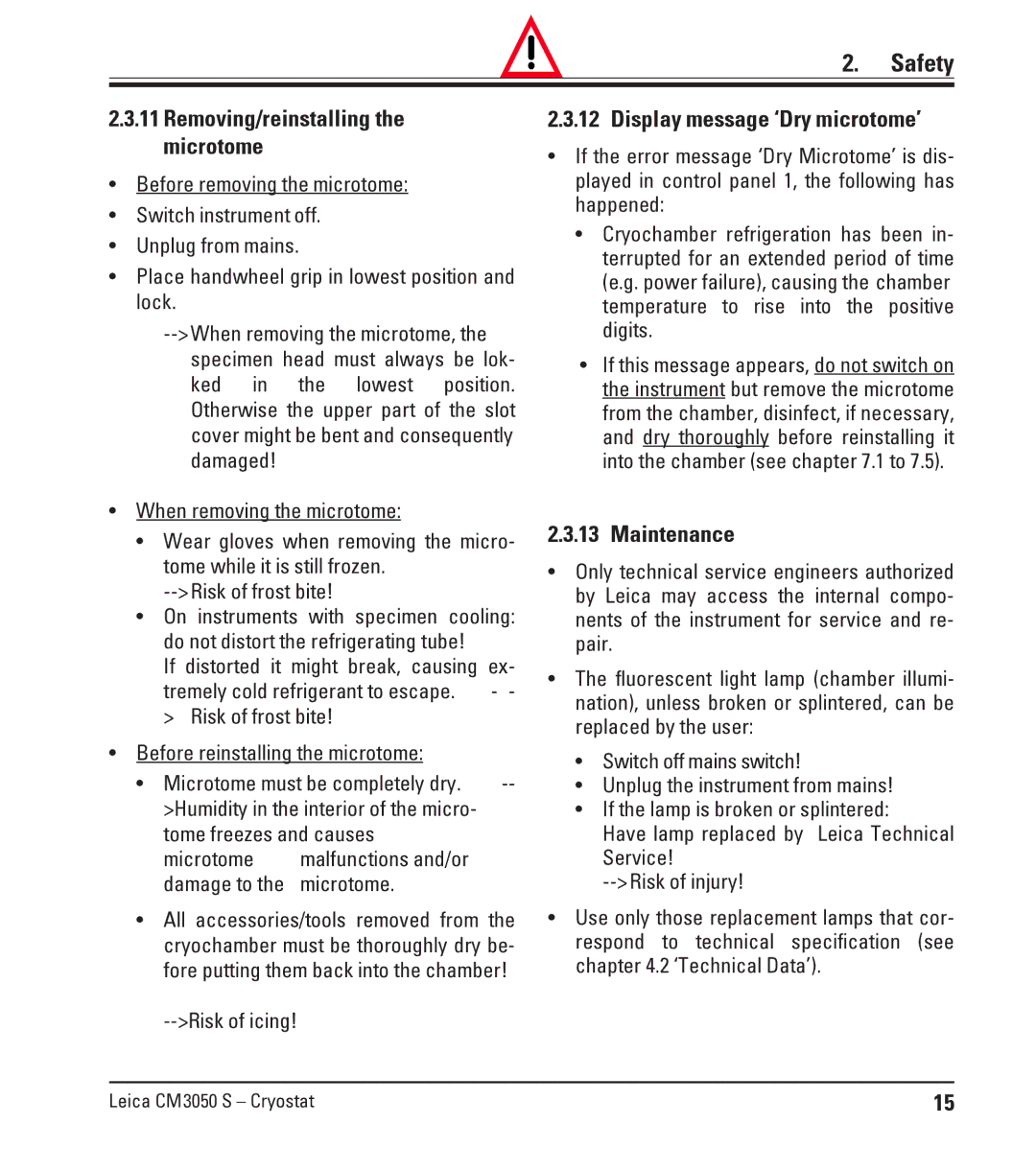 Leica CM3050 S instruction manual 11Removing/reinstalling the microtome, Display message ‘Dry microtome’, Maintenance 