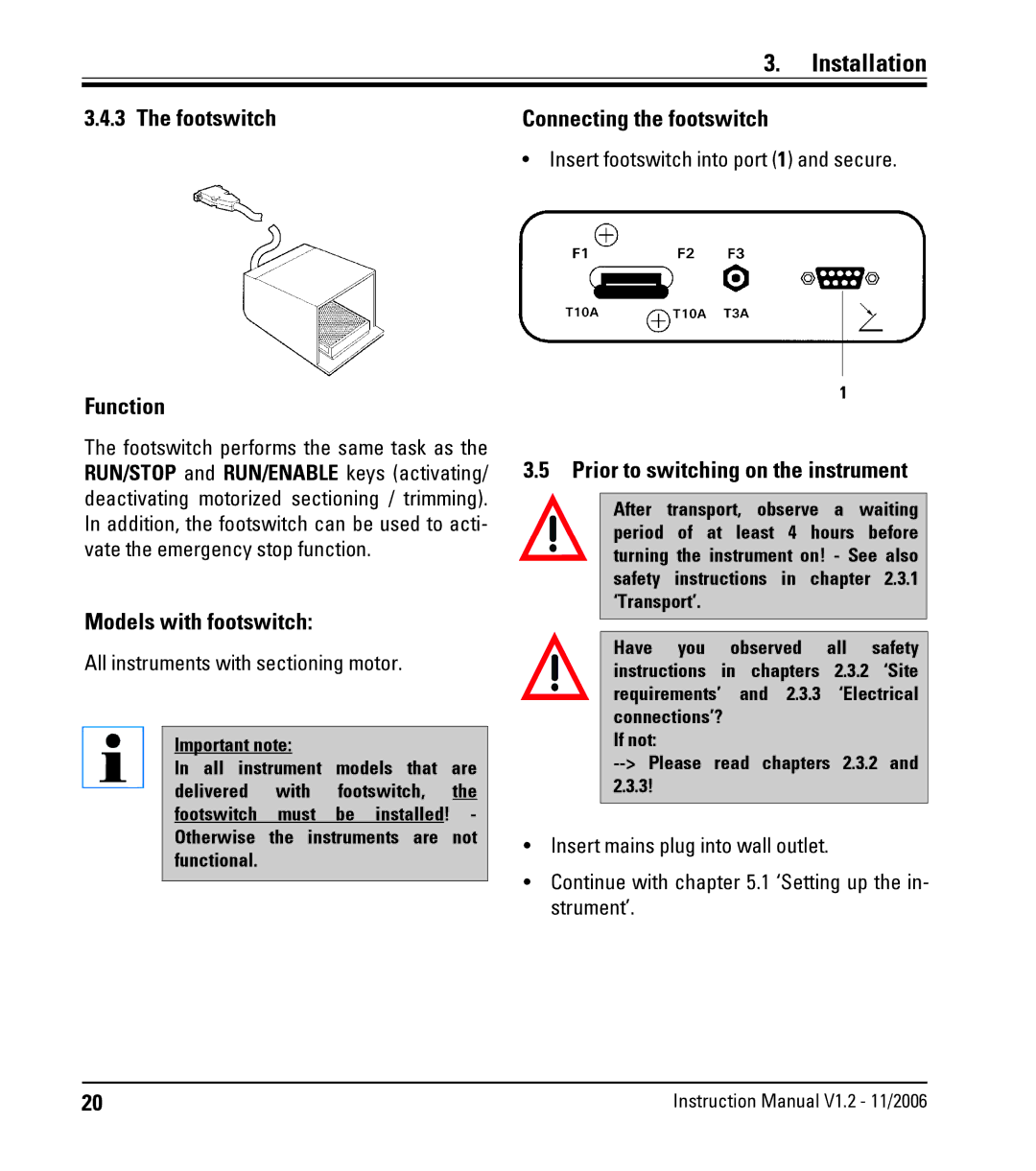 Leica CM3050 S instruction manual Footswitch Function, Models with footswitch, Connecting the footswitch 