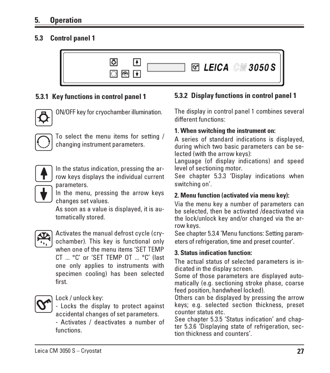 Leica CM3050 S Control panel Key functions in control panel, Display functions in control panel, Lock / unlock key 