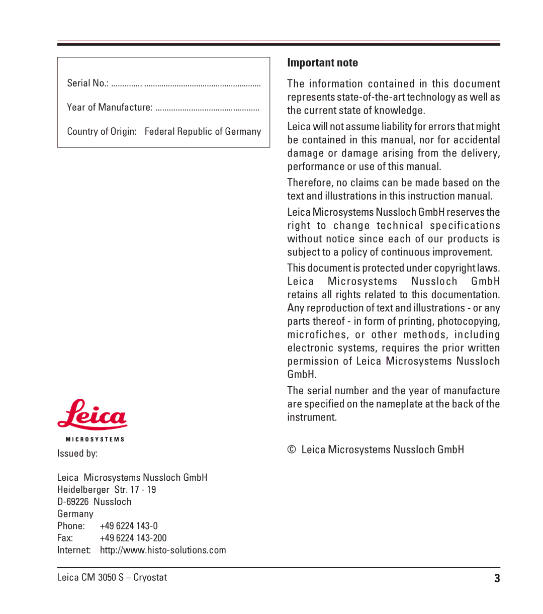 Leica CM3050 S instruction manual Important note 